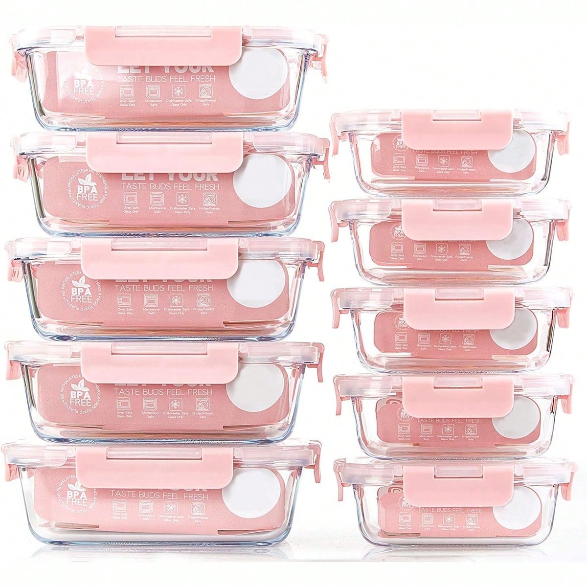 Food Storage Oven Safe - 10個入りのガラス製食品保存容器セット。密閉性の高い蓋付きで、電子レンジ、オーブン、冷凍庫、食器洗い機に対応。ランチボックスとして最適。