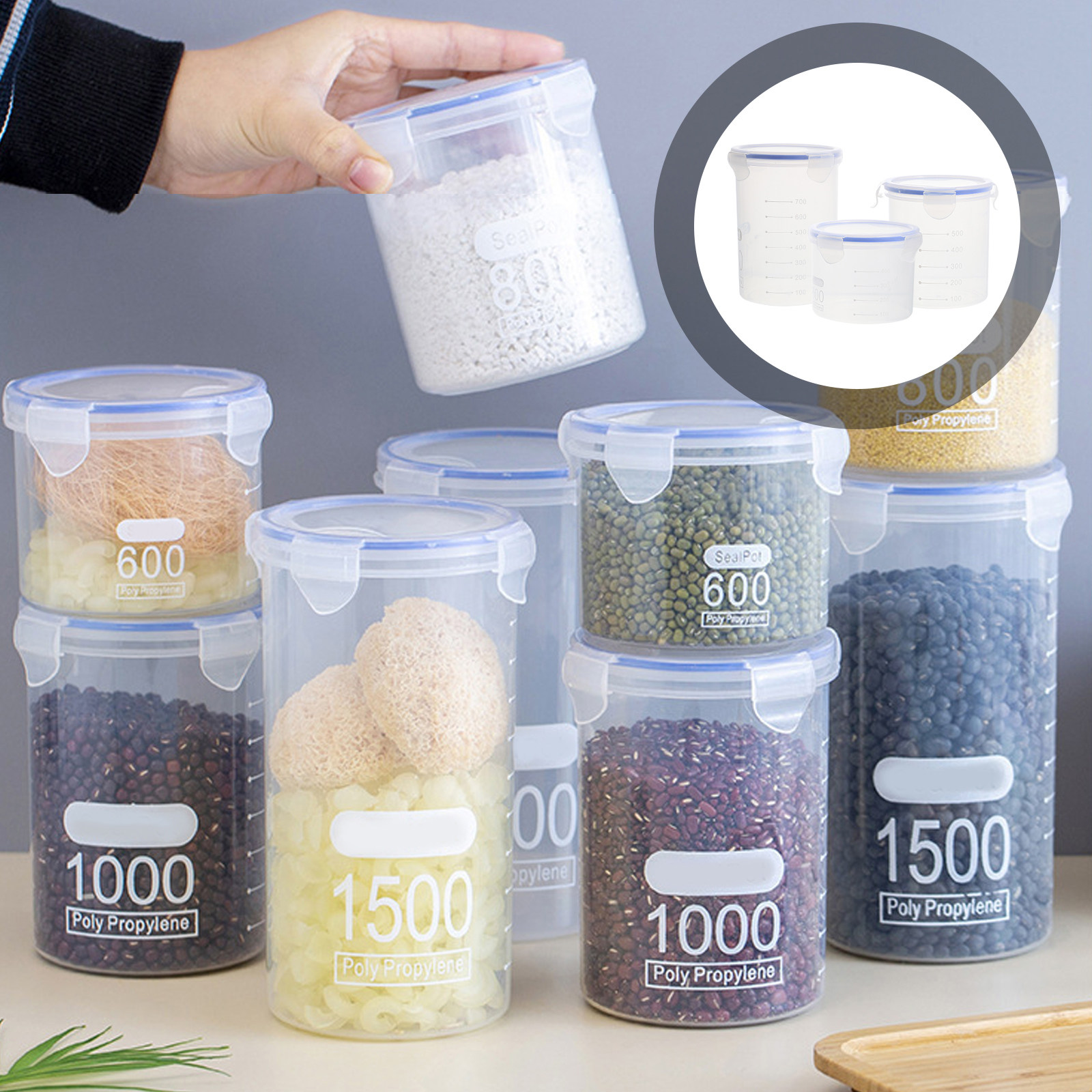 Food Storage Containers - 密閉式の食品保存容器6個セット。透明プラスチック製で、穀物や食品を保存するのに最適。キッチンやパントリーに。