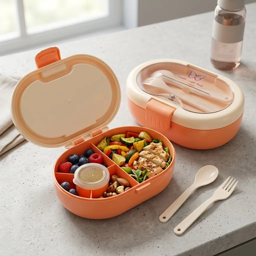 Food Storage With Dividers - プラスチック製の弁当箱。カトラリー付きで、汁漏れしにくく、仕切り付きの食品保存容器。子供から大人まで、学校での食事や、おやつを入れるのに最適。