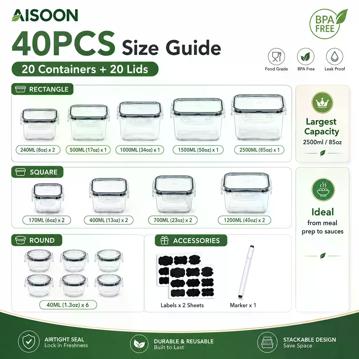 40個入り特大85オンスシリコン製密閉食品保存容器セット（容 - Food Storage Meals のレビューと価格
